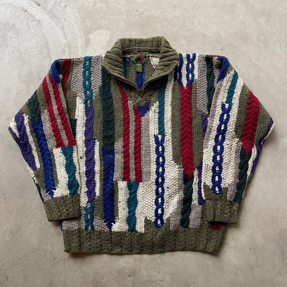 Vintage Boston Traders 3D Cable Knit Wool Sweater Multi Color Quarter Zip Mens M